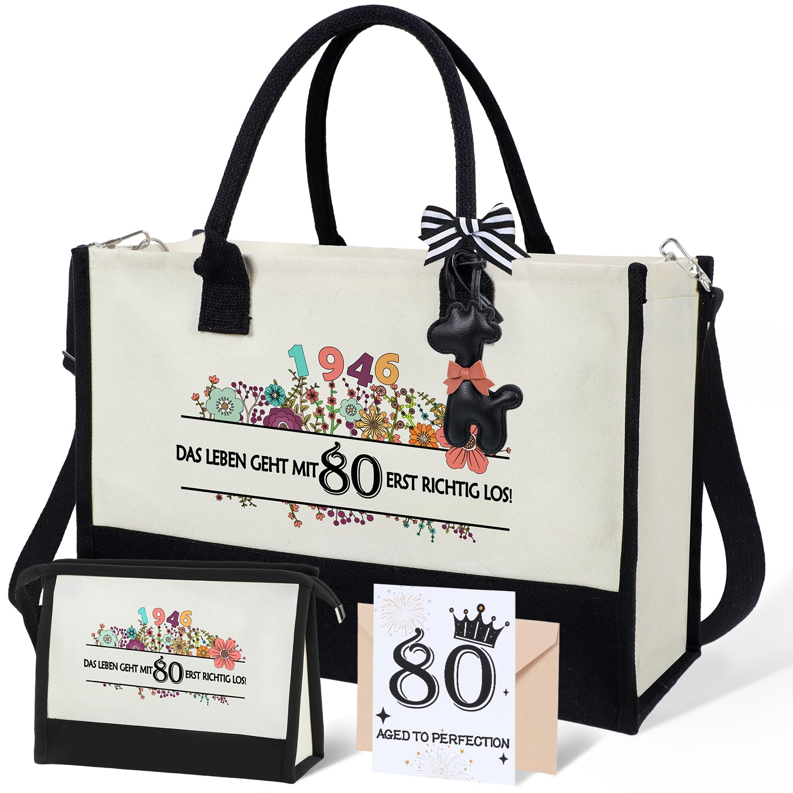 Seutgjie Geschenk Frau Rentner Geburtstag Weihnachten Canvas Tragetasche Kosmetiktasche mit Glückwunschkarte