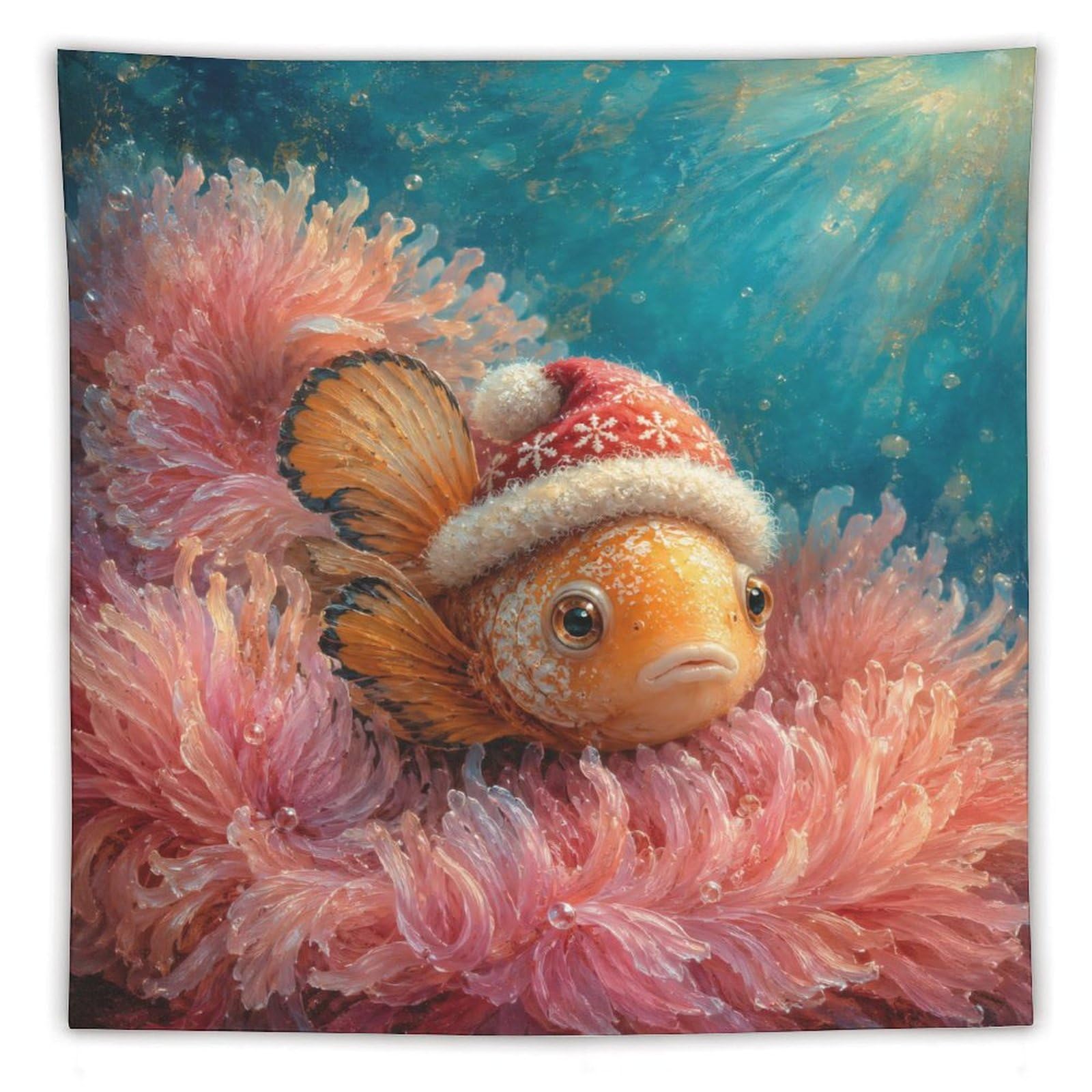 W7C8U2X3 Clownfish Pink Anemone Wall Tapestry, Detailed Illustration Style