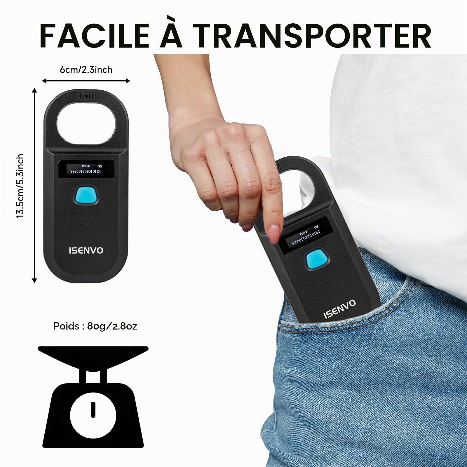 Lecteur de Puces pour Animaux Rechargeable RFID EMID pour Animaux Domestiques 134,2 kHz 125 kHz 15 Chiffres pour Animaux de Compagnie/Animaux de Compagnie/Cochons/Chiens/Chats (190 A)