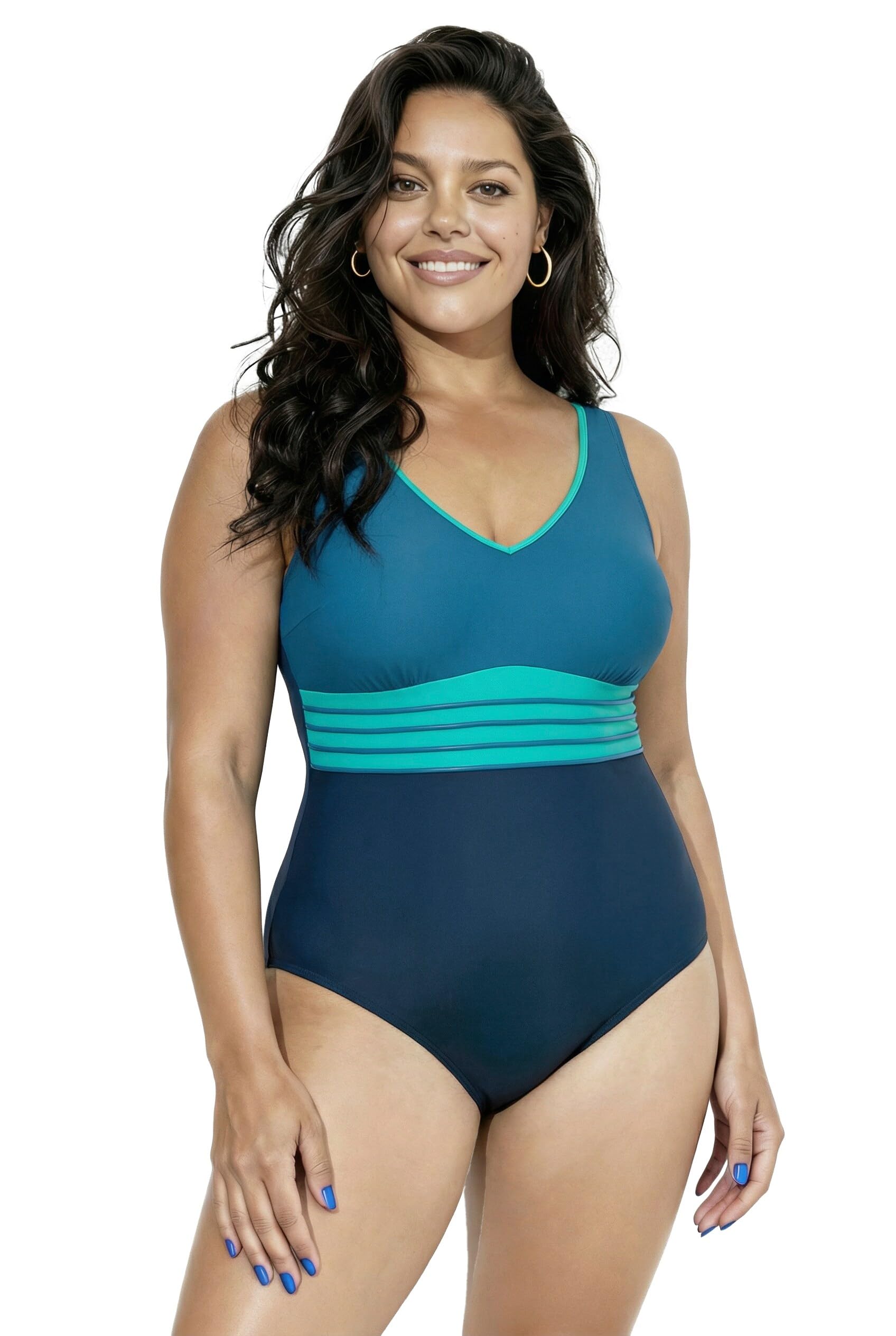 Ulla Popken Badeanzug, Gold-Piping, Softcups, V-Ausschnitt, Recycelt Costumi da Bagno Donna (Pacco da 1)