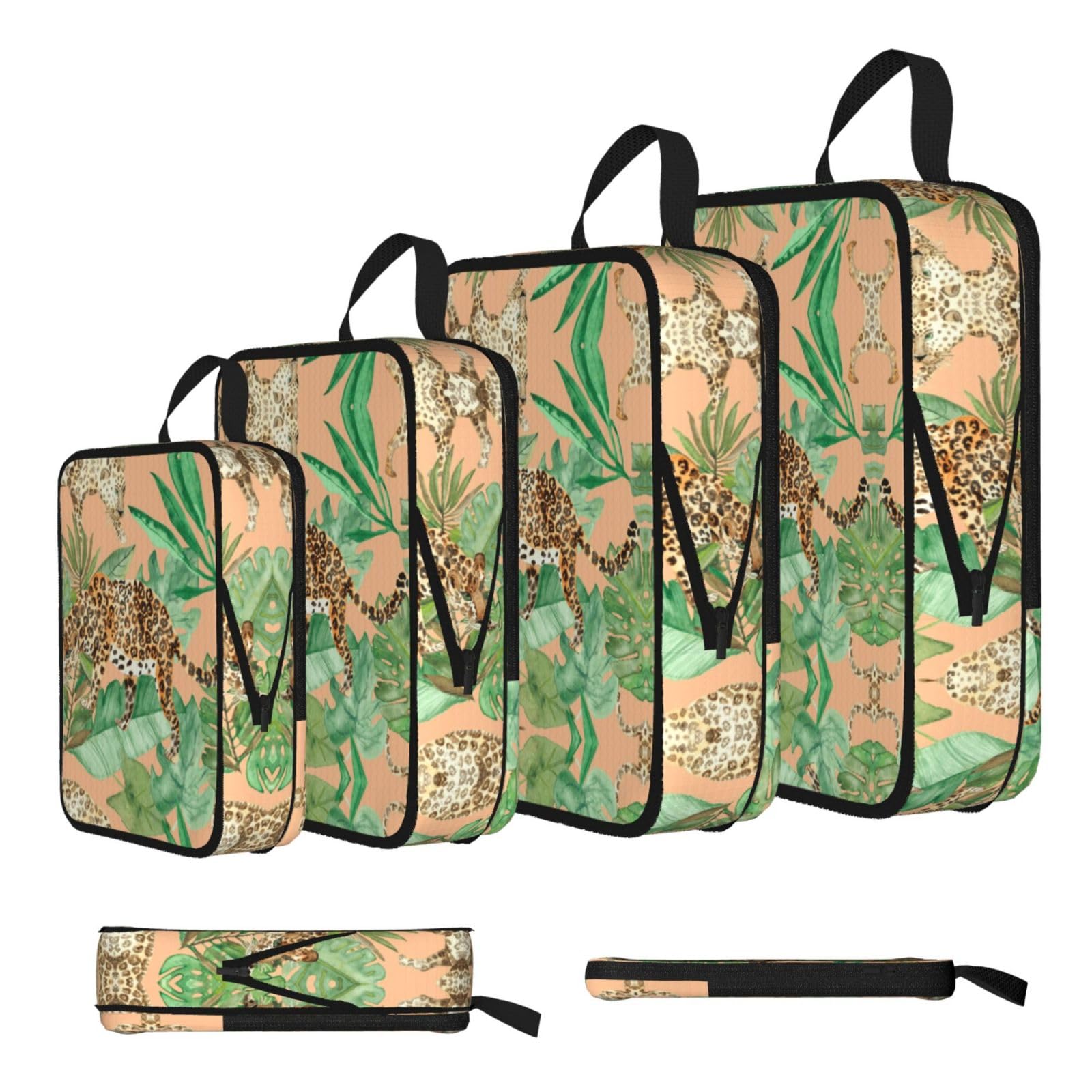 Esnaiuvcd Black Leopard And Palm Leaves Print 4 Set Compression Packing Cubes For Suitcases,Expandable Storage Bags Organizers
