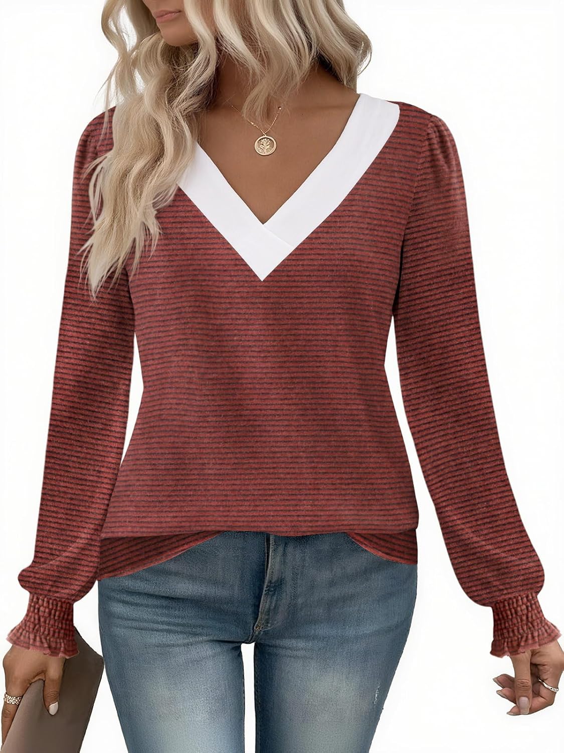 Yousify Women V Neck Striped Shirt Puff Ruffle Trim Long Sleeve Tunics Fall Basic Work Tops Casual Fleece Thermal Shirts