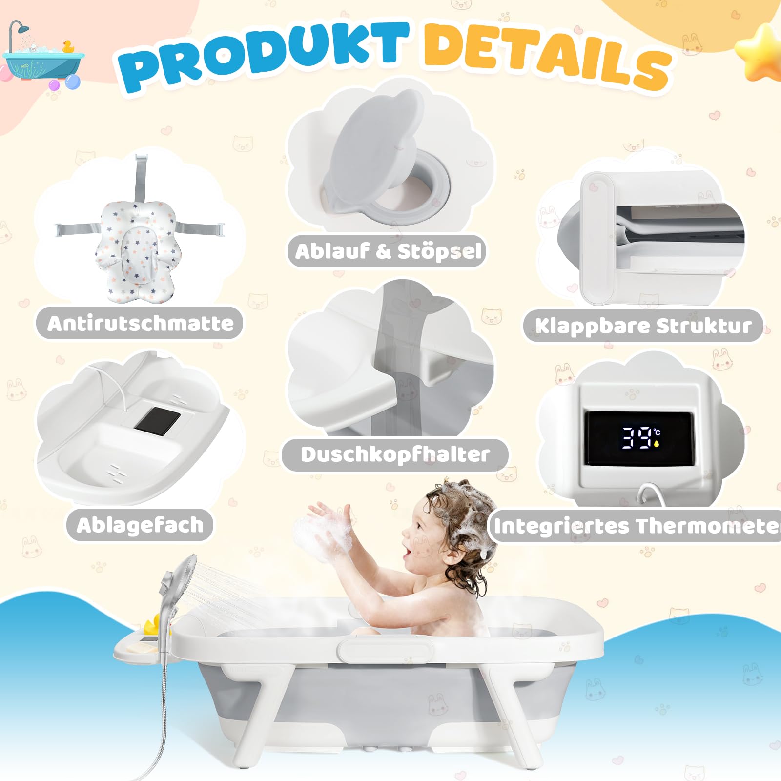 Orzbow Baby Badewanne, Faltbare Babybadewanne mit Thermometer, Große Babywanne für Kinder 0-6 Jahre mit Weicher Polsterung, 3-in-1 Schale, Langlebig, Abflussloch, Ideal für Reisen, Groß XXl, Grau