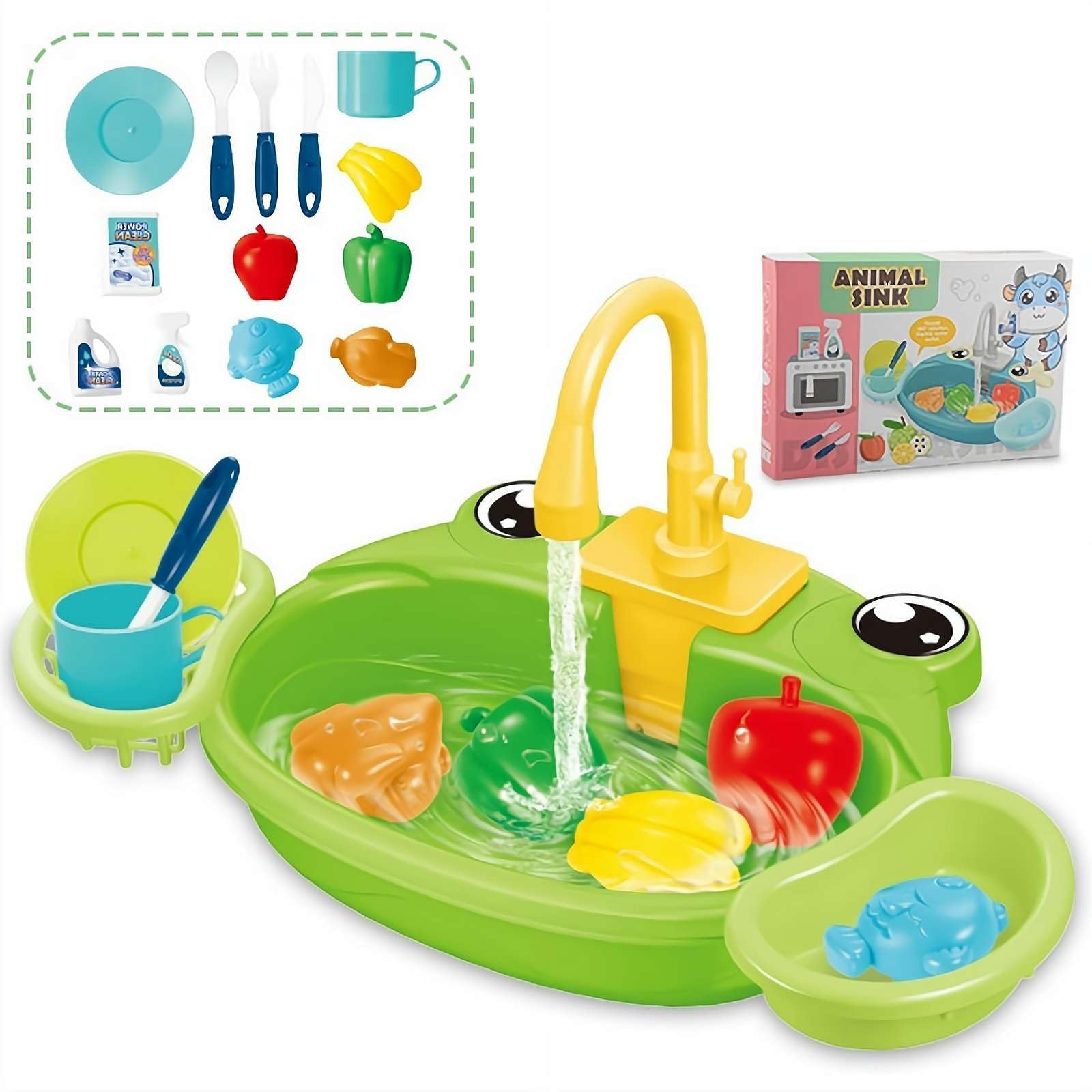 Play Sink with Running Water, Frog Kitchen Sink Toys with 180° Rotating Faucet, Vegetables, Fruits, Tableware, Kitchen Games Accessories, Gifts for Kids