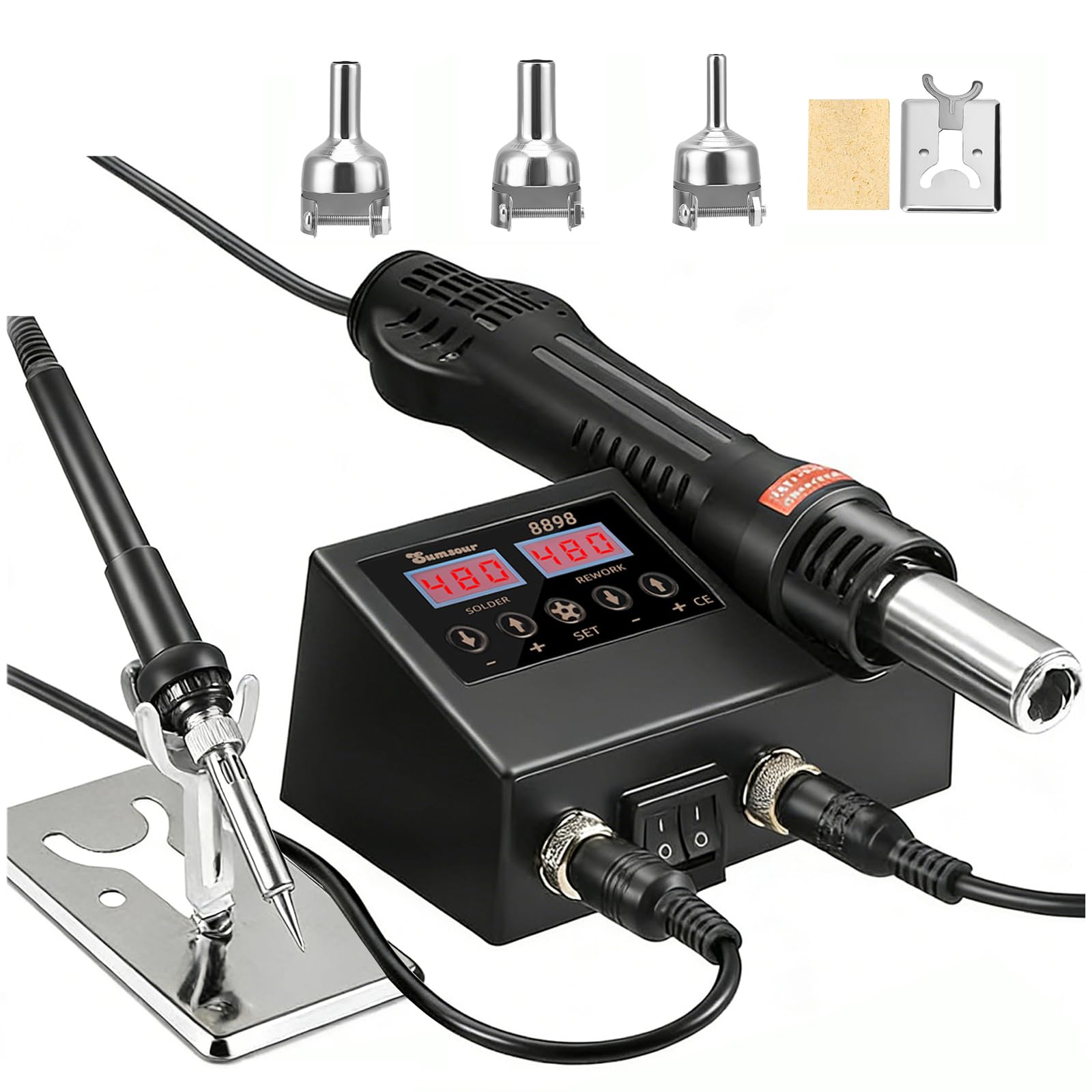 Stazione Saldante Digitale 700W 2 in 1 Aria Calda Kit Saldatore a Stagno con 3 Ugelli LED