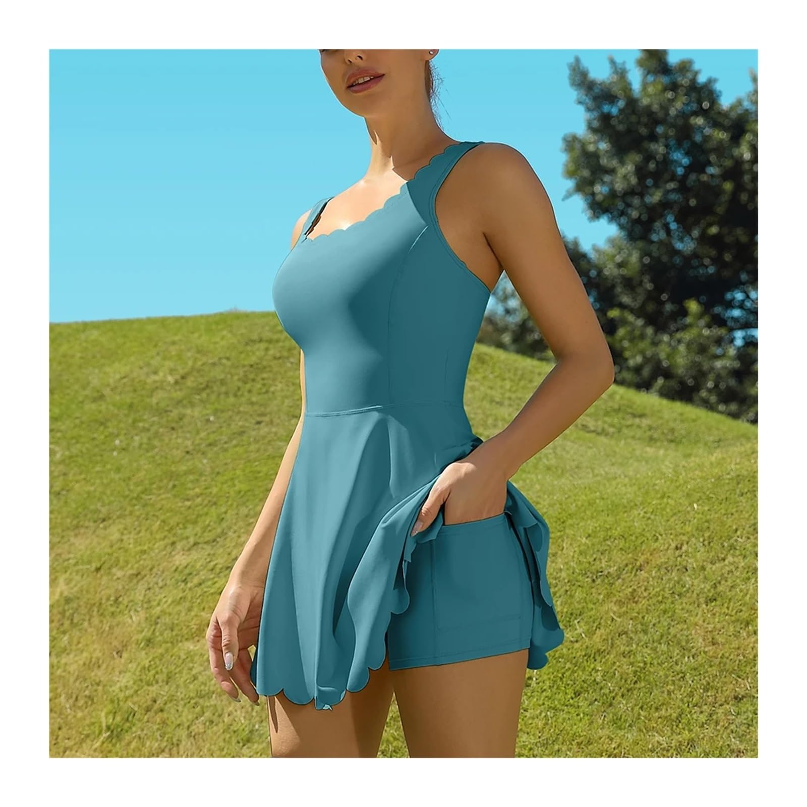 Vestido Tenis Mujer Vestido De Tenis For Mujer, Escote Festoneado, Diseño Espalda En V Acolchado Extraíble, Pantalones Cortos Separados con Dos Bolsillos Laterales, Golf