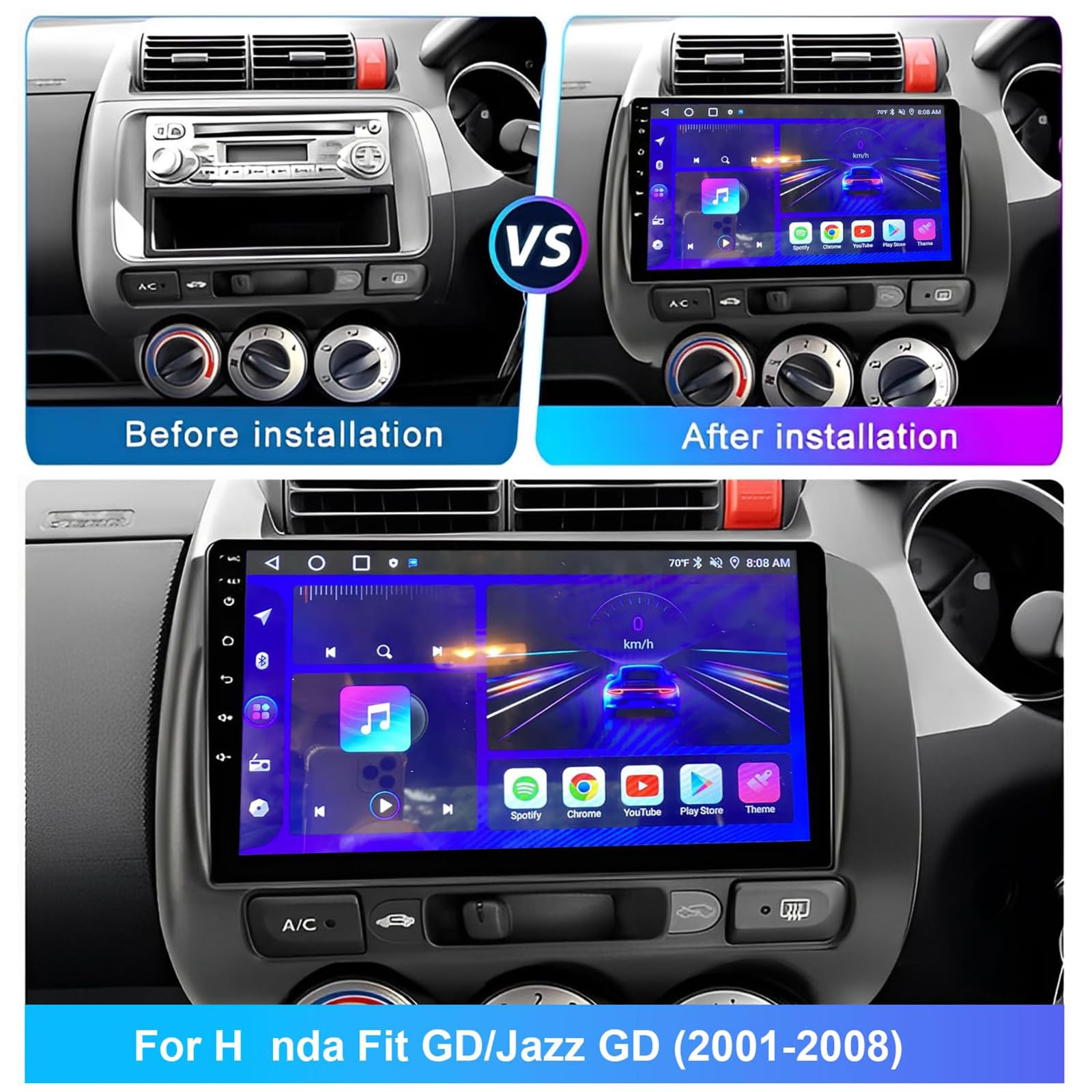 9-calowy 2 DIN Android 15 Odtwarzacz samochodowy do H-onda Jazz GD 2002-2008 (4 64GB) Wyświetlacz dotykowy Radio Multimedialny Jednostka główna z CarPlay GPS WiFi BT SWC DSP FM RDS,K3 pro