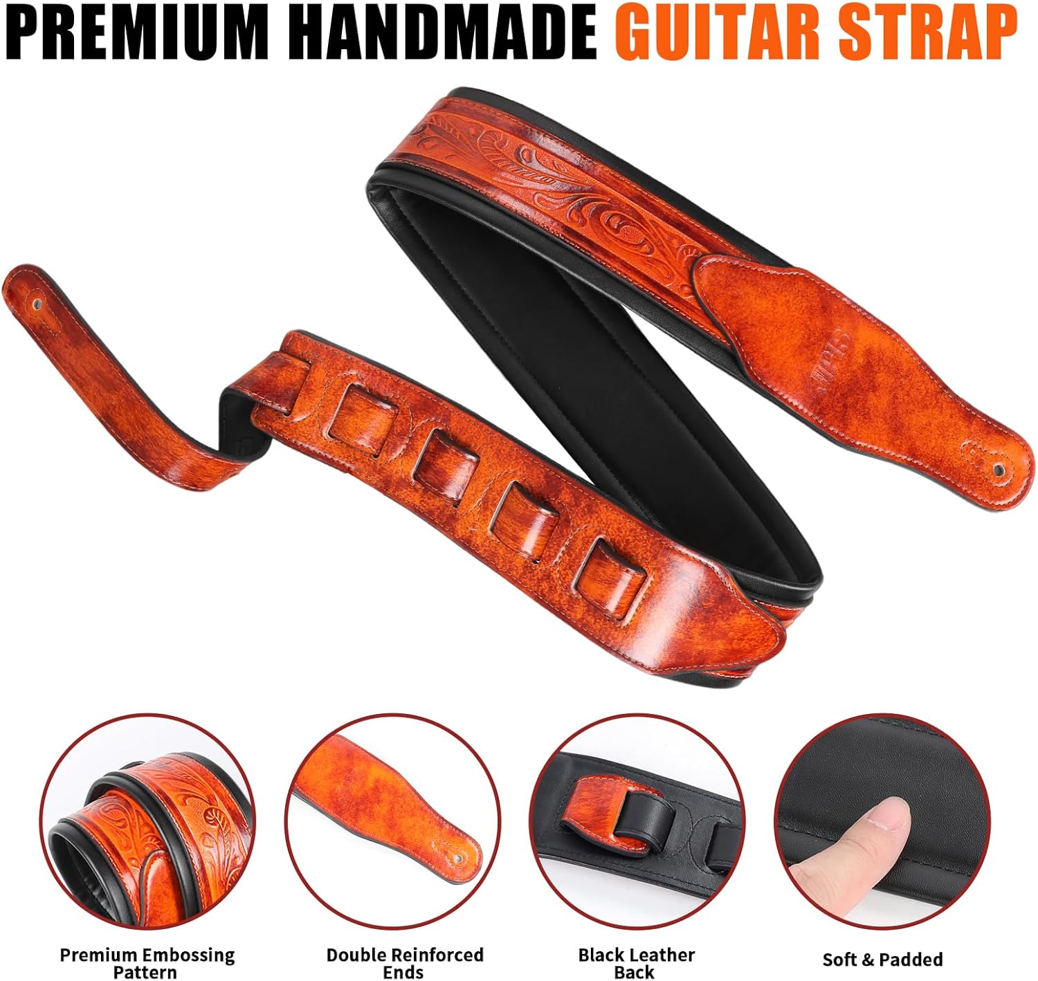 Leather Guitar Strap,Vintage Bourbon Brown,2.75" Soft Padded Strap Classic Pattern for Bass,Electric&Acoustic Guitar