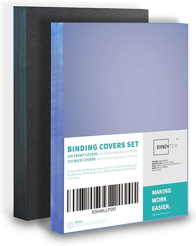 Binditek 200 Pack Binding Covers Set, 8.5x11 Inches, 8Mil PVC & 12Mil Poly | Binding Covers and Backs Set, Letter Size, 8 Mil Clear PVC Binding Cover, 12Mil Black Poly Cover, Square Corners, Unpunched