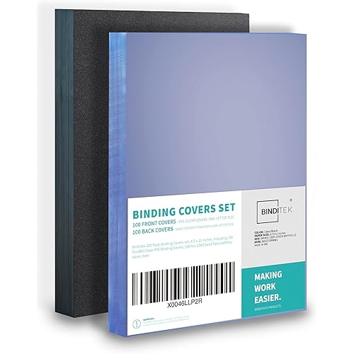 Binditek 200 Pack Binding Covers and Backs Set, 8.5 x 11 Inches, 100 Clear PVC (8Mil), 100 Sand-Textured Polycovers (12Mil), Letter Size