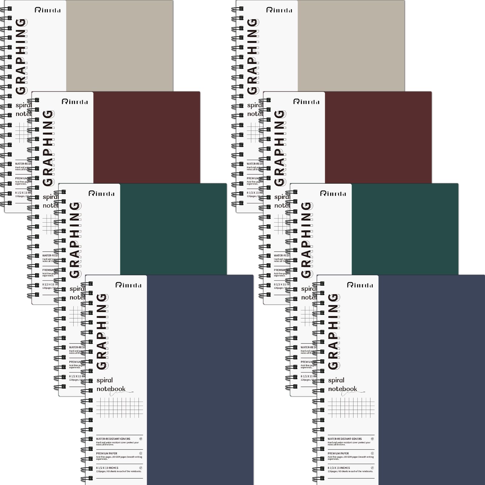 Rinrda Spiral Notebooks 8.5x11,8 Pack Grid Notebook (GRAPH, Mult-color)