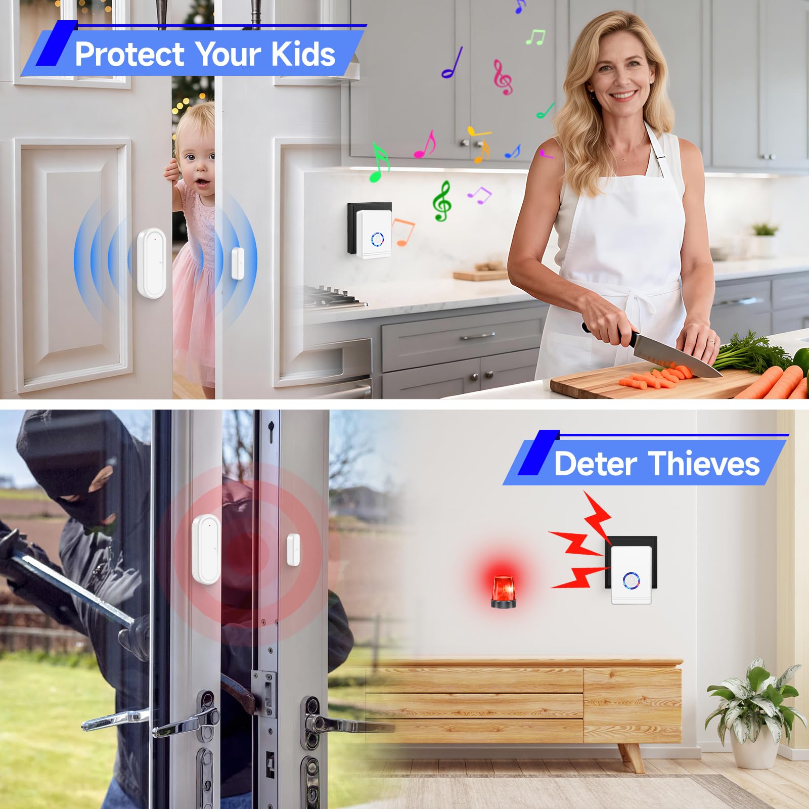 NineLeaf - Detector de apertura de puerta, alarma de puerta y ventana, Ring Chime con receptores de enchufe eléctrico, alcance de funcionamiento 600 pies para el hogar corporativo tienda, 3