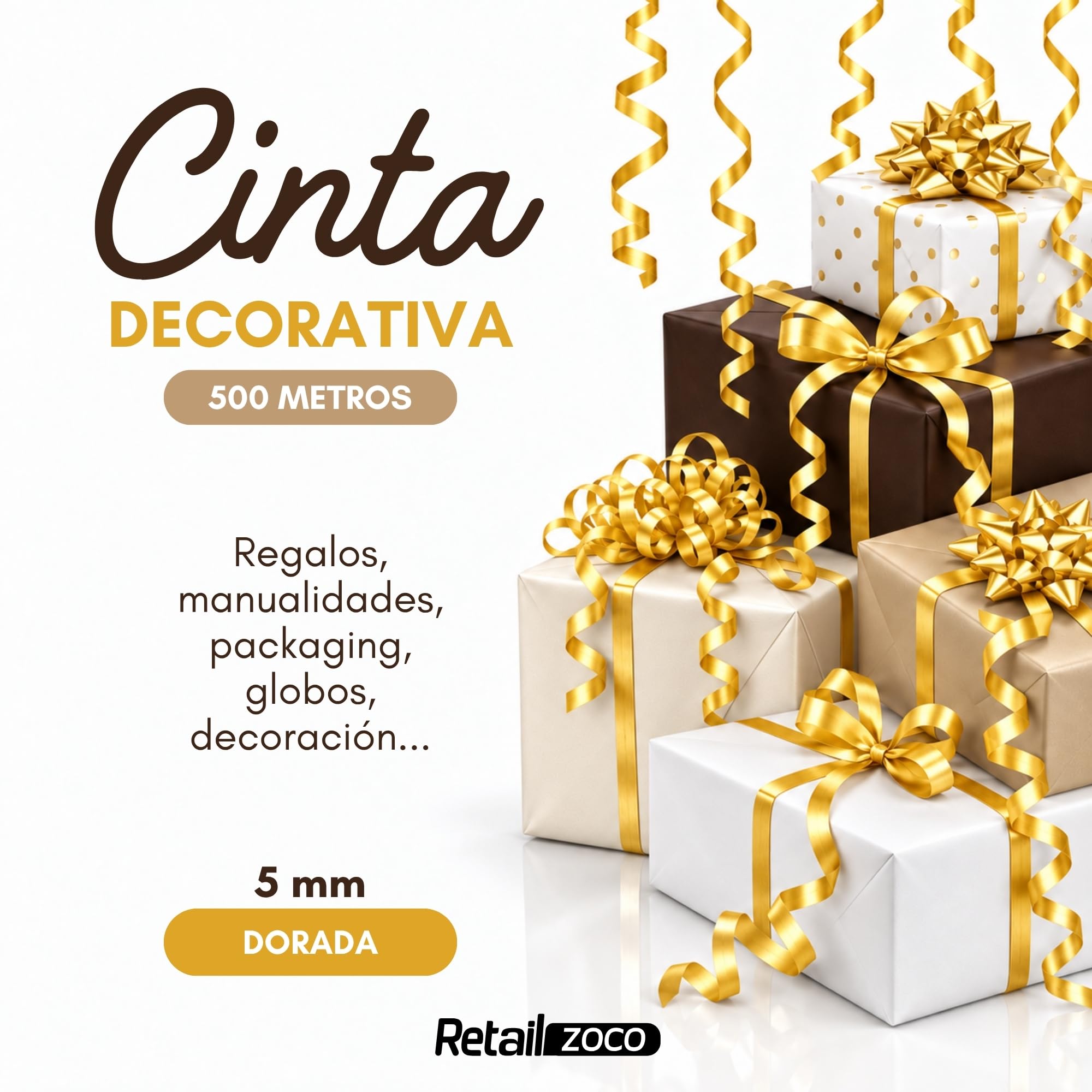 Cinta de regalo, cinta embalar para rizar, 5 mm ancho, 500 metros, Dorado - imagen 2