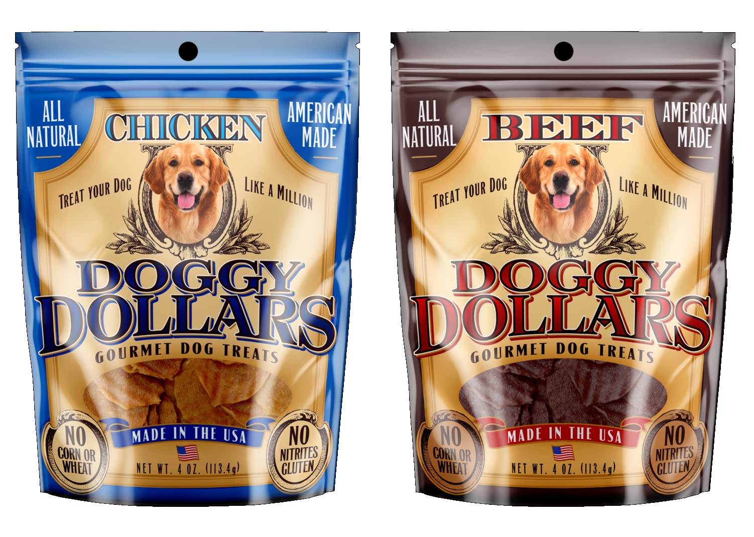 Photo 1 of *4/30/2025* Doggy Dollars Premium All-Natural, All-American Dog Treats (Chicken & Beef, 2-4 oz Bags)