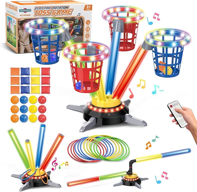 3 in 1 Bean Bag Ring Toss Game for Kids, Rechargeable Musical Jumping Games w/LED Light & Remote, Electric Spinning Base, Sandbags, Rings, Carnival Indoor Outdoor Sport Toy for 3+ Boys Girls