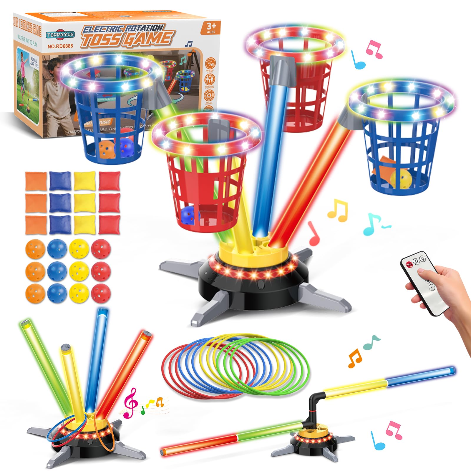TERRAMUS 3 in 1 Bean Bag Ring Toss Game for Kids Rechargeable Musical Jumping Games w/LED Light & Remote