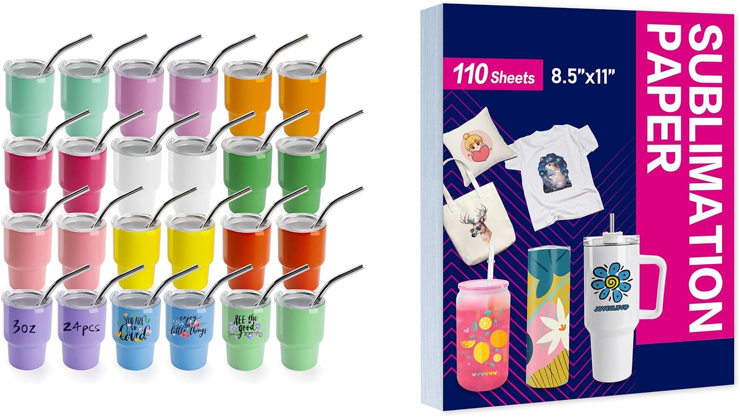 Joyclub Bundle of 24 Pack 3 oz Mini Tumbler Shot Glass with Straw and Lid and Sublimation Paper 8.5x11 Inch 110 Sheets Compatible