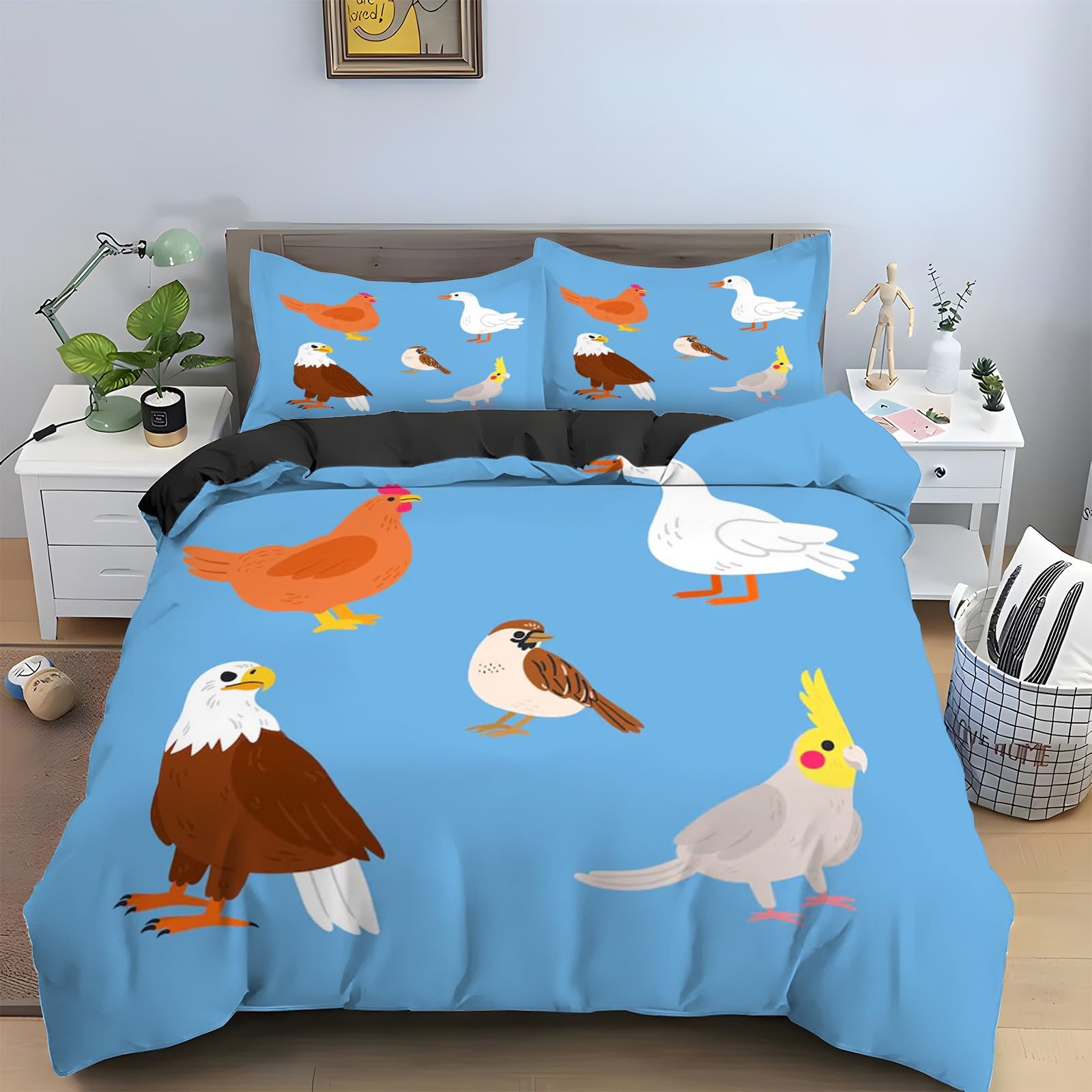 Parure de lit 2 personnes oiseau 240x260 cm en microfibre douce avec 2 taies