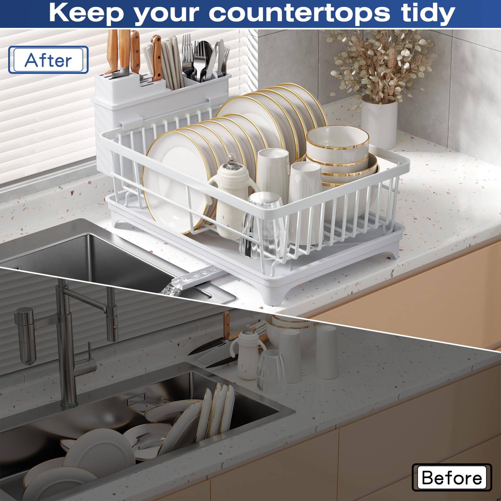 PurKeep Dish Drainer Rack, Dish Rack with Utensil Holder for Kitchen Counter Space-Saving - Image 4
