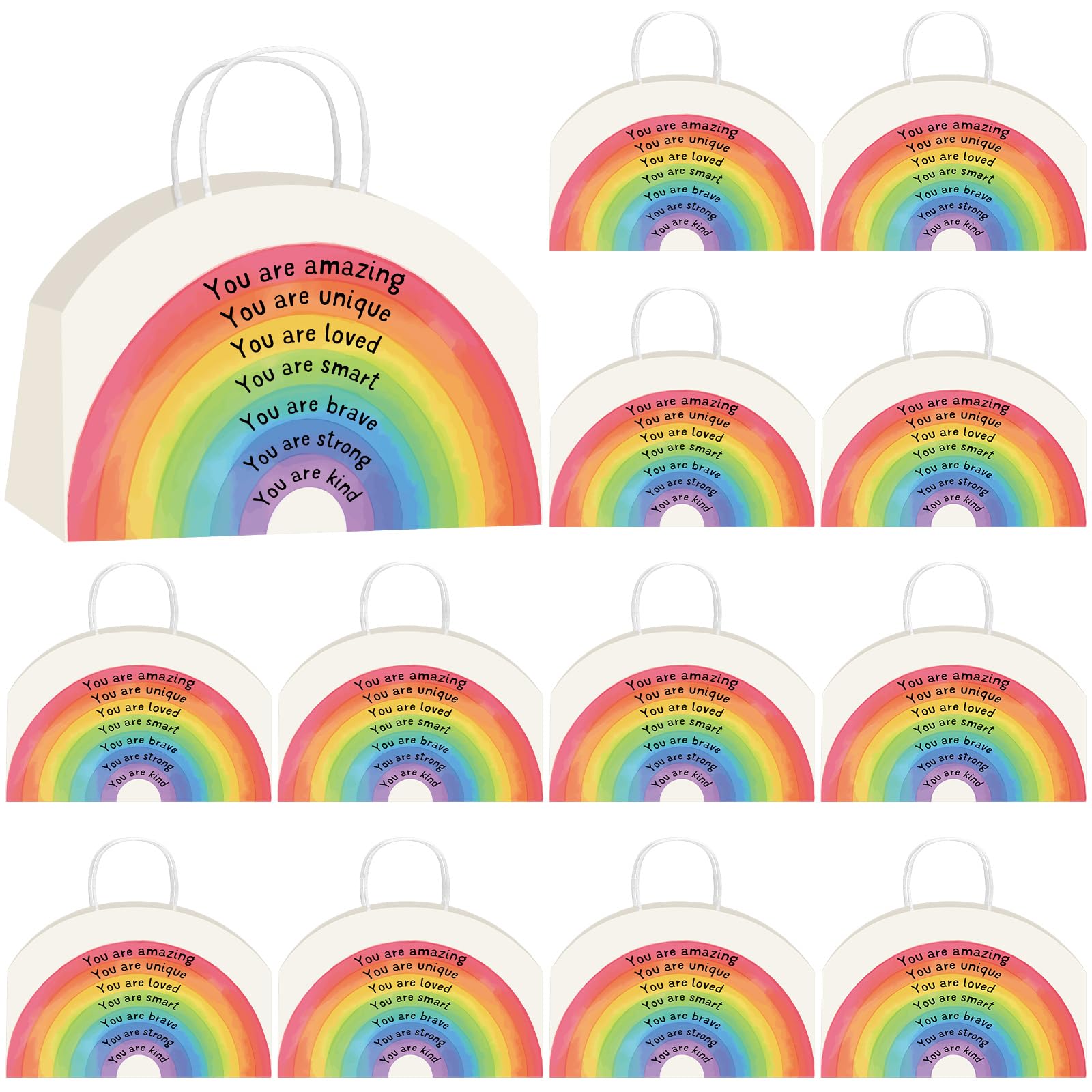 Kolldenn 12 Sets Inspirational Rainbow Paper Treat Bags with Handles Rainbow Valentine's Day Party Favors Bags for Birthday Anniversaries Primary