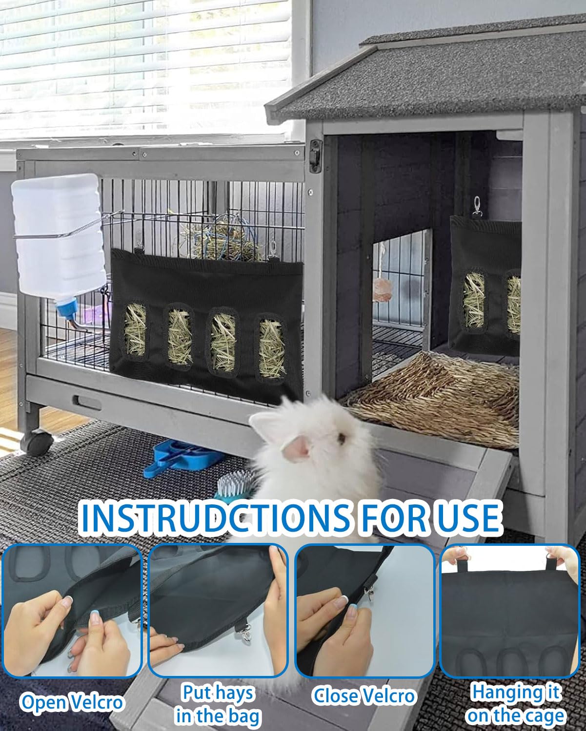 Sac de foin pour lapin, sac de foin, sac d'alimentation pour foin, sac de foin pour petits animaux, mangeoire suspendue pour foin avec 4 fenêtres pour petits animaux, noir