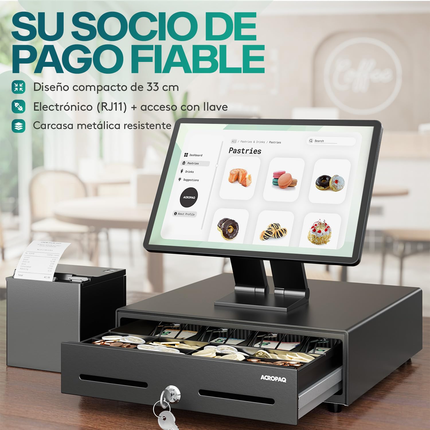 ACROPAQ Cajón portamonedas - Compatible con caja registradora RJ11, 4 compartimentos monedas y 8 billetes, (34 x 33 x 10 cm) Carcasa de metal resistente, Cajón metálico con inserto extraíble