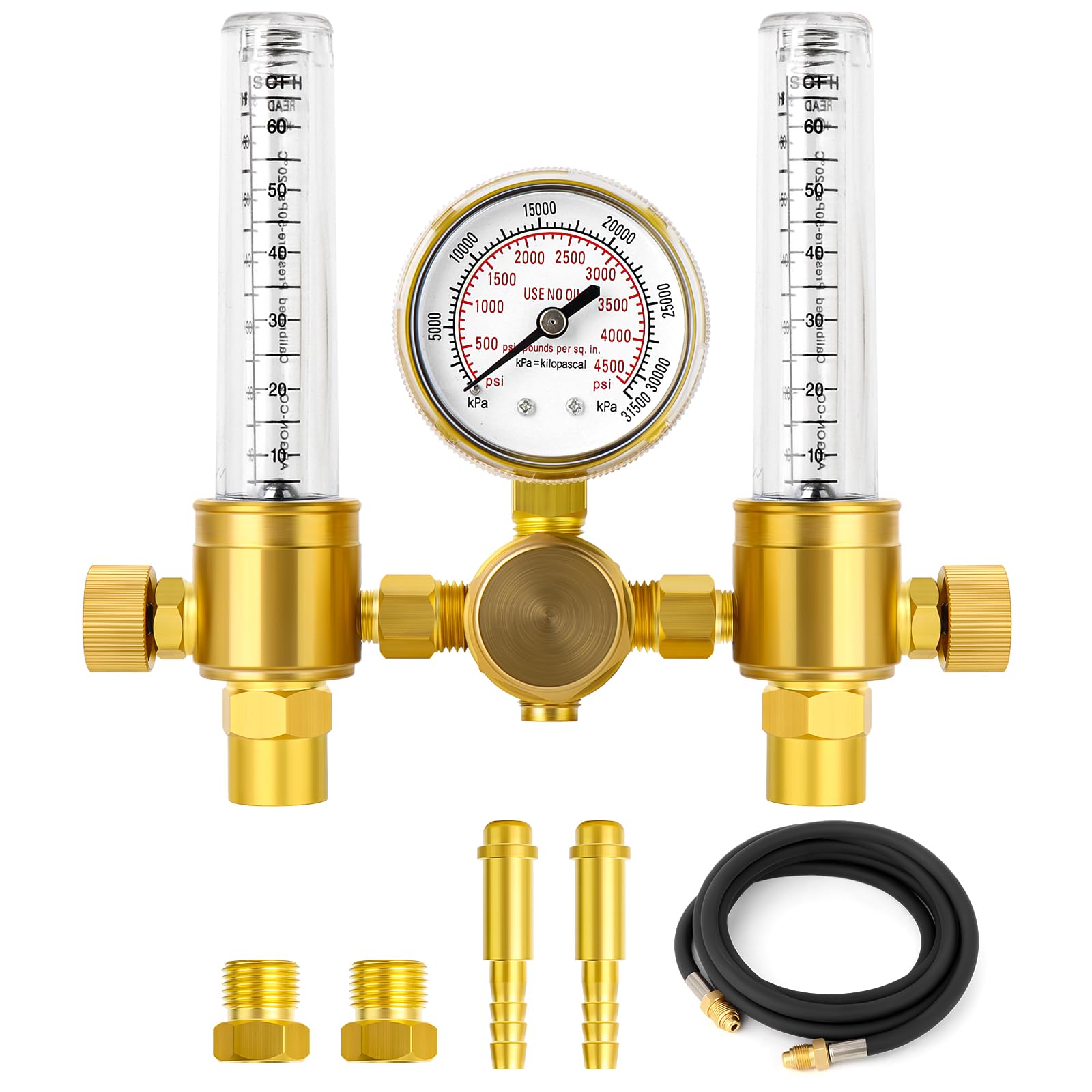 MEANLIN MEASURE Medidor de flujo del regulador de argón con manguera 2M,CGA580 Conexión de entrada,5/8" x 18RH Racor de salida,Caudalímetro de soldadura de argón de doble salida para soldador TIG MIG