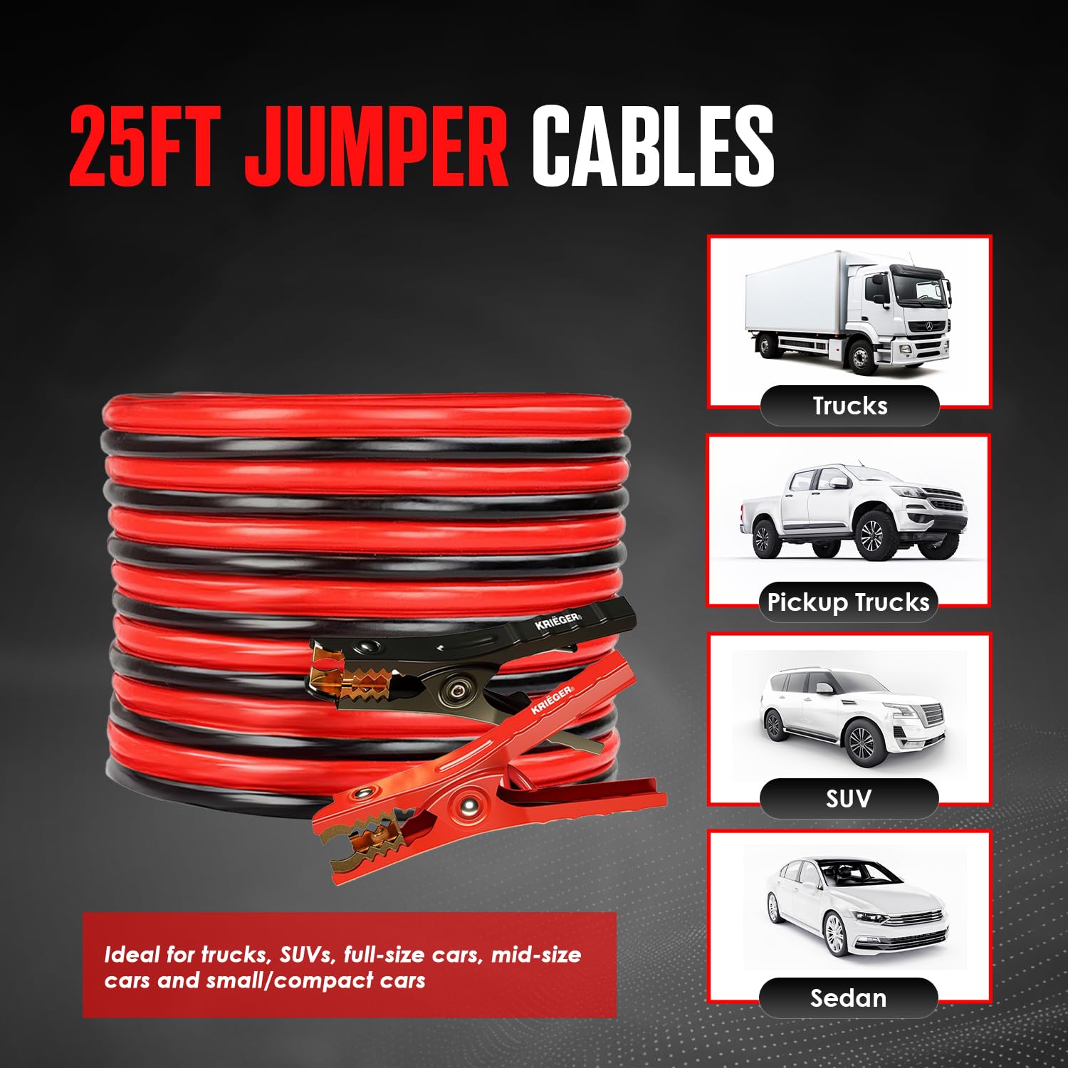 K KRIËGER - Cables de puente para batería de coche, cables de refuerzo automotrices resistentes para saltar a partir de baterías muertas o débiles con bolsa de transporte incluida (25 pies (calibre 2)