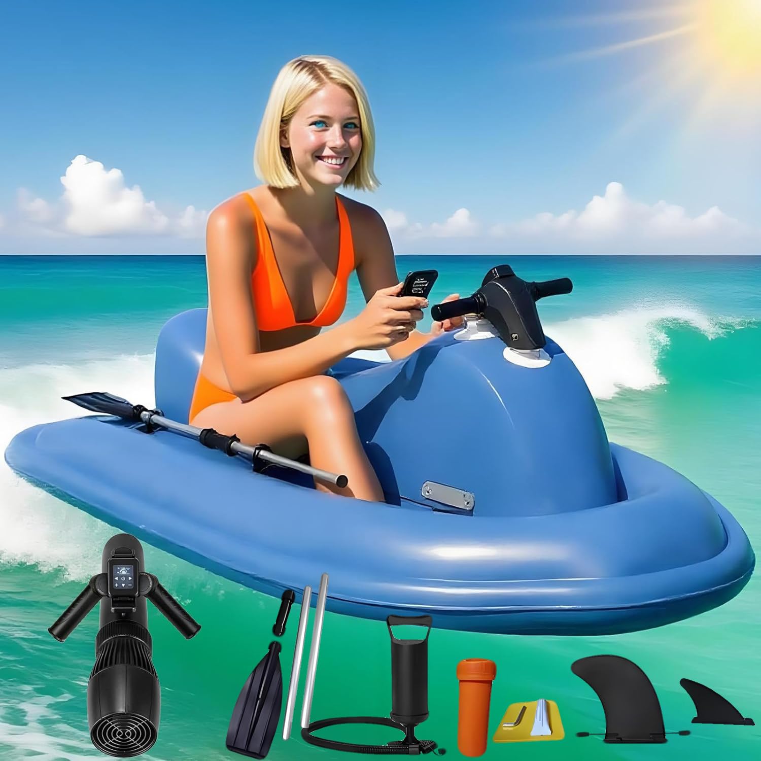 Barca Hinchable, Summer Inflatable Water Ski with Underwater Scooter, Motos Electricas Adultos, 500W(700W) Motor, 220kg Electric Inflatable Boat for Adults, with Propeller Storage Bag 500W-10A