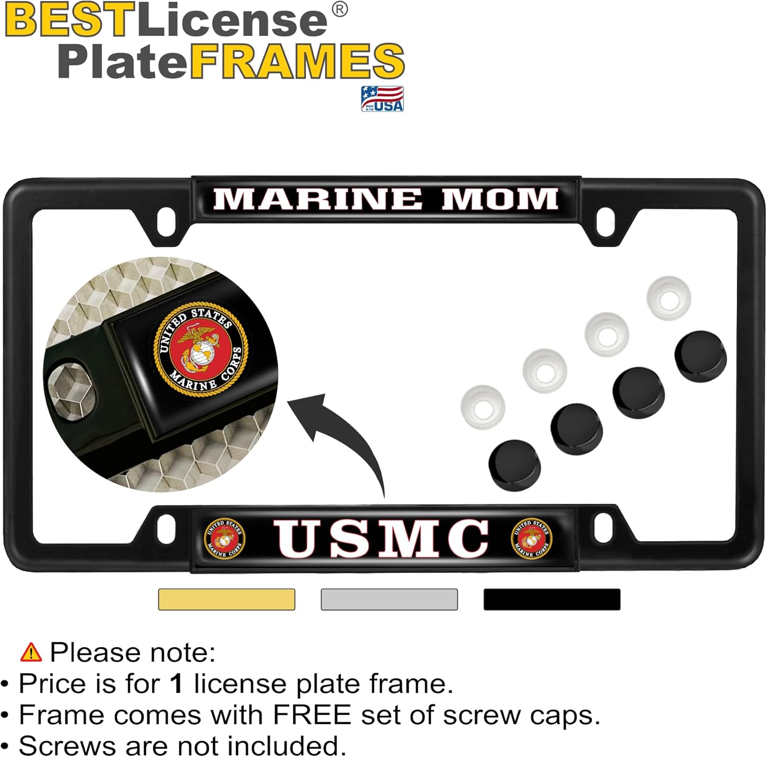 [Officially Licensed US Marine Corps Product] - USMC Marine Mom - Domed Custom-Made Personalized Narrow (Thin) Top 4 Hole Metal Car License Plate Frame with Free caps - Black Frame (Qty: 1)