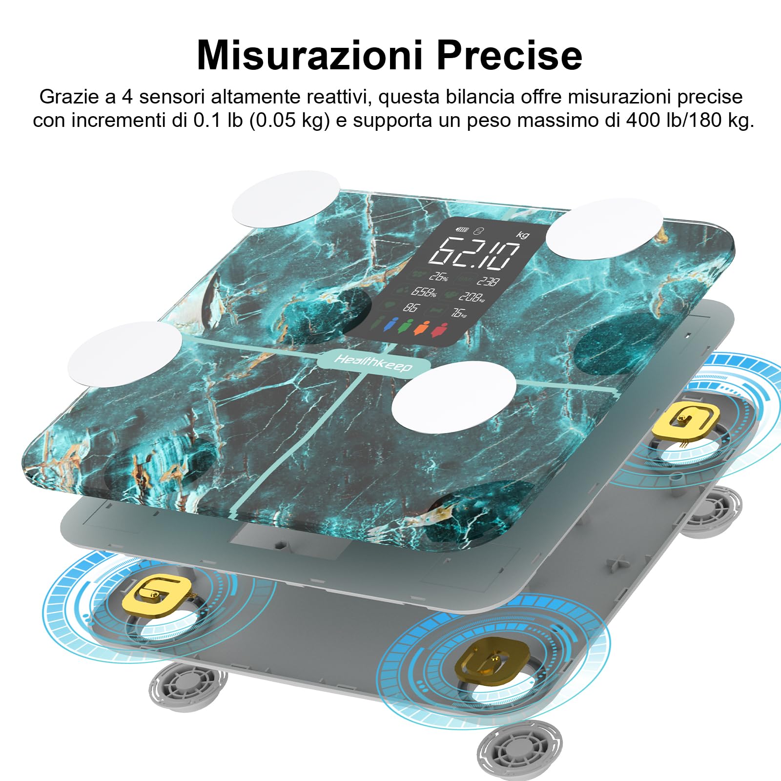 Healthkeep Bilancia per il Grasso Corporeo con Massa Muscolare, 15 Dati del Corpo con Analisi del Grasso Corporeo, Smart Bilancia con APP, Ampio Display VA, Verde Iridescente