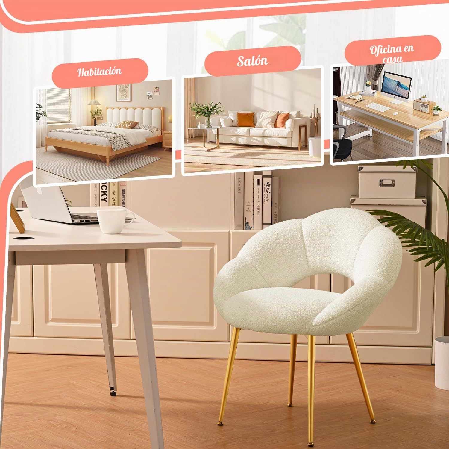 Silla de tocador de Tela de Peluche, sillón Relax y de Lectura, Forma de Flor, sillón de Lujo para Estudio, Dormitorio, Sala de Estar, balcón，Beige