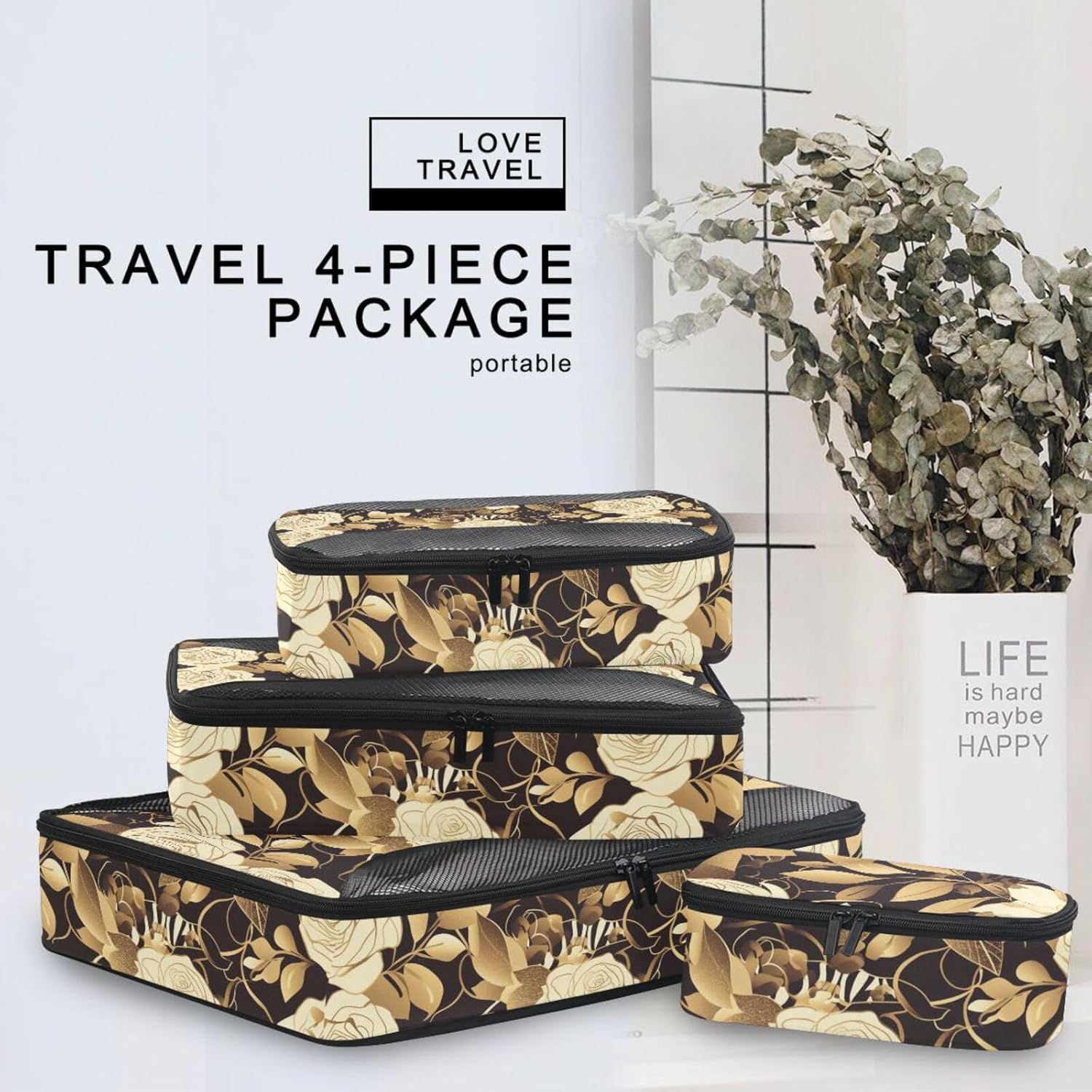 Black and Gold Romantic Flowers 4 Pcs set organizer for travel Mesh Travel Essentials lightweight packing cubes