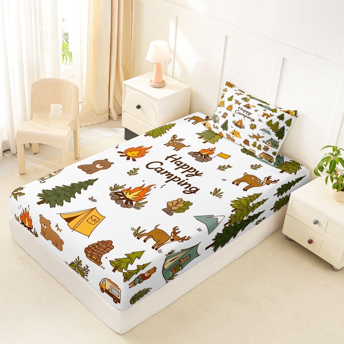 jejeloiu Camper Bear Bed Sheets Set Twin Size Happy Camping Bed Set for Kids Boys Girls Adventure Campfire Deep Pocket Fitted Sheet Tree Breathable Soft Lightweight Microfiber