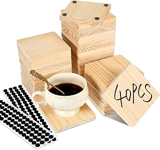 40 Pcs Unfinished Square Wood Coasters Wooden Coasters for Crafts 4 Inch Thick Blank Coasters DIY Wood Coasters with Non Slip Dot Stickers for DIY Arts Crafts Wood Engraving Stained Painting