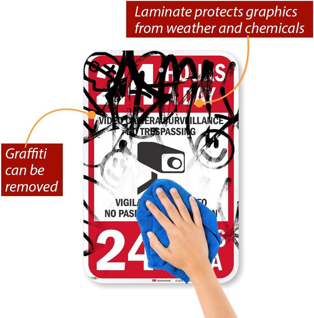 SmartSign - T1-1080-HI_12x18 24 Hours A Day Surveillance Bilingual Sign By | 12" x 18" 3M High Intensity Grade Reflective Aluminum Black/Red on White