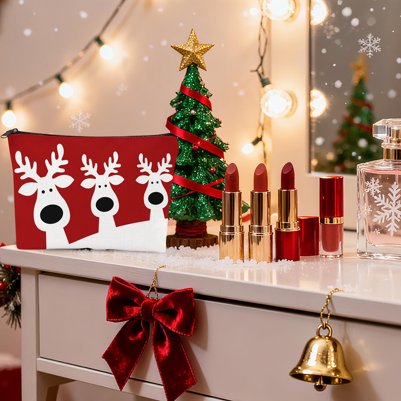 Deer Christmas Makeup Bag, Xmas Red Reindeer Multi-Purpose Women Cosmetic Bag, Large Capacity Zipper Purse Organizer Pouches - Image 2