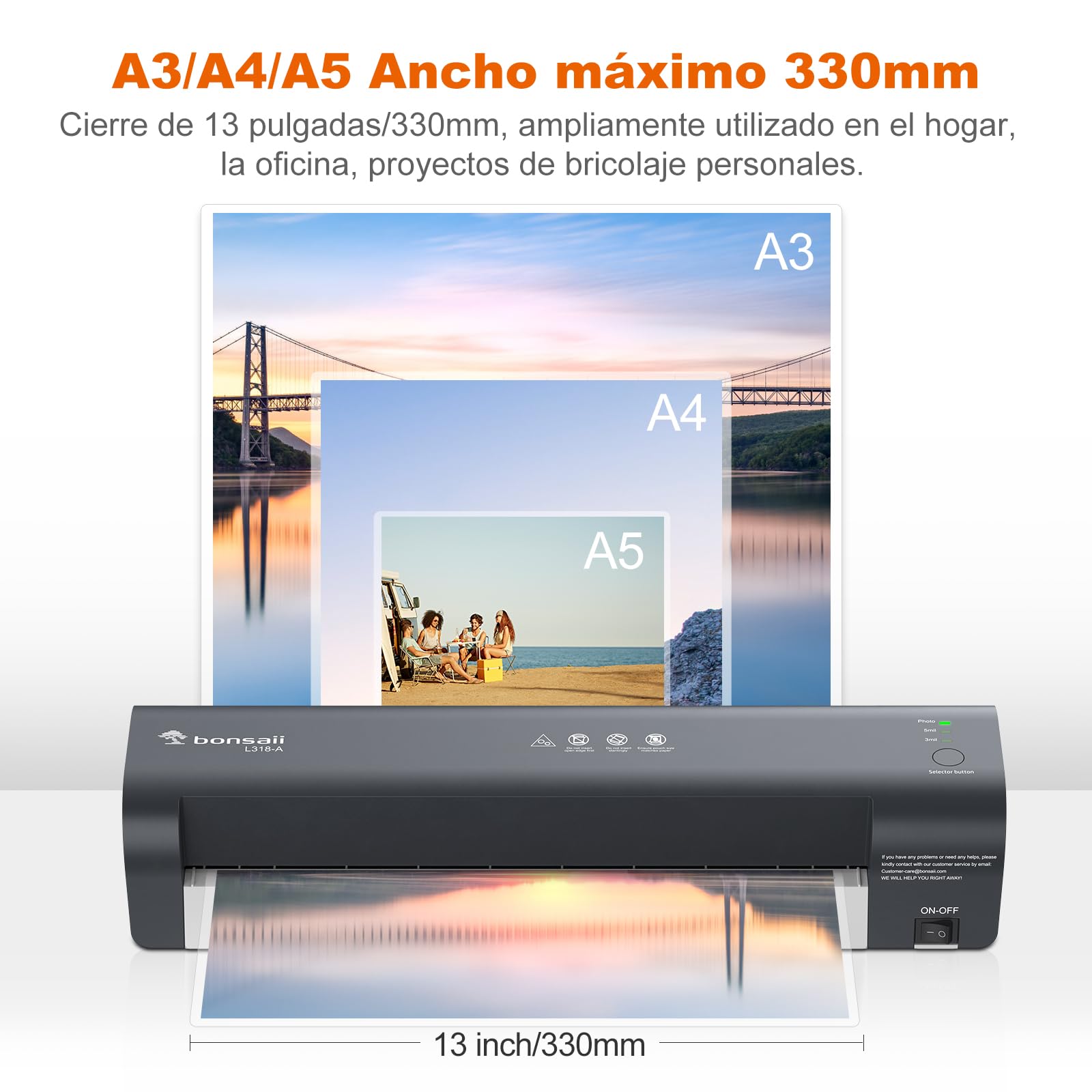 Bonsaii A3 Plastificadora, 5 en 1 con 10 Hojas de Papel Para Laminar A5 A6, Plastificadora con Cortador y Redondeador de Esquinas, Protección Contra Atascos (L318-A)