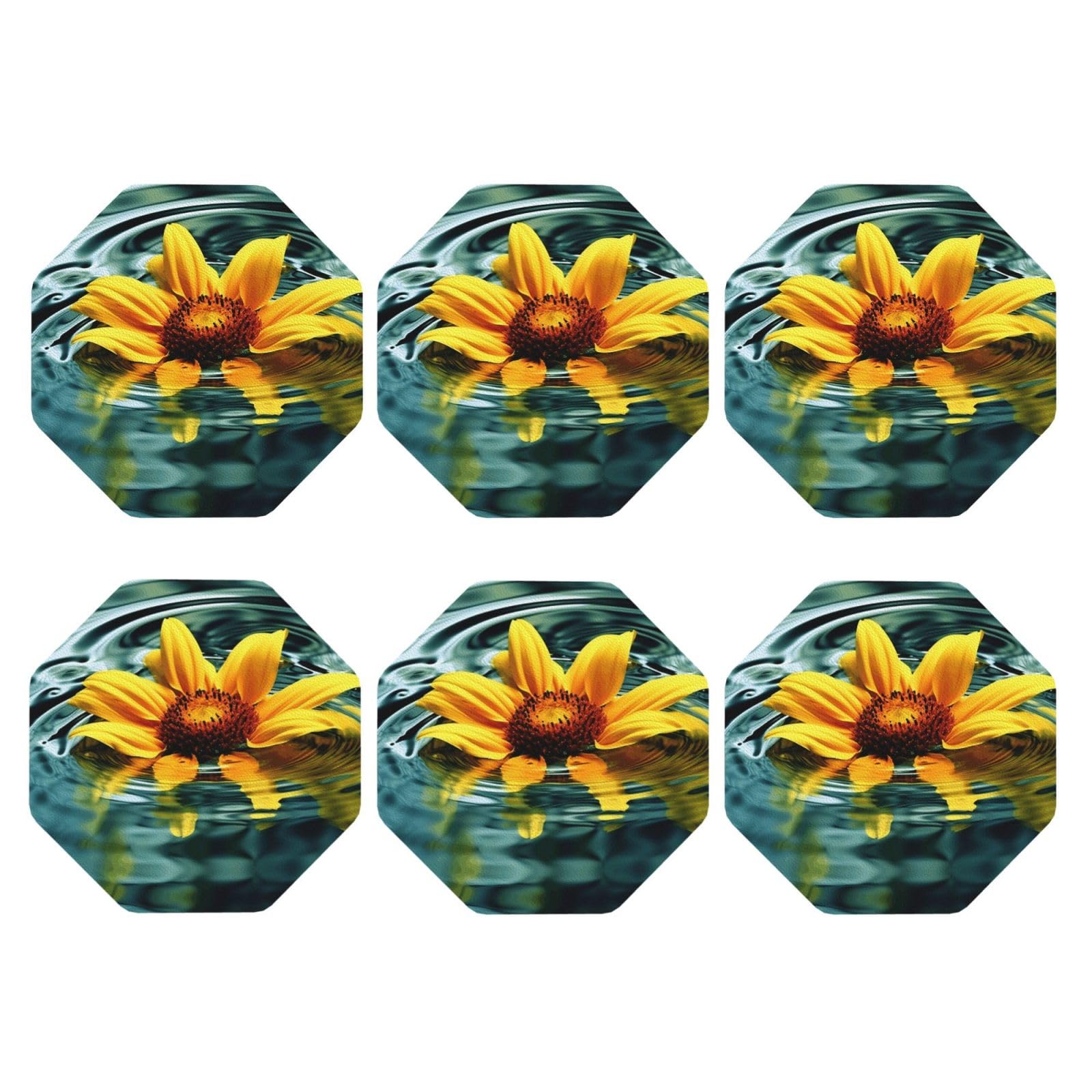 6pcs Leather Coasters for Drinks, Sunflower in Water Drink Coasters for Tabletop Protection, 4" Cup Coasters for Coffee Table Decor, Non-Slip Drinking Cup Mat for Hot Or Cold Drink