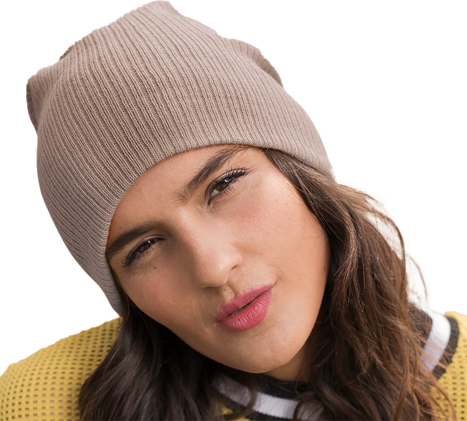 4Sold Women's Beige Stripe (Tm Oversized Baggy Fit Slouch Style Beanie Beany Cap Brand (Beige Stripe)