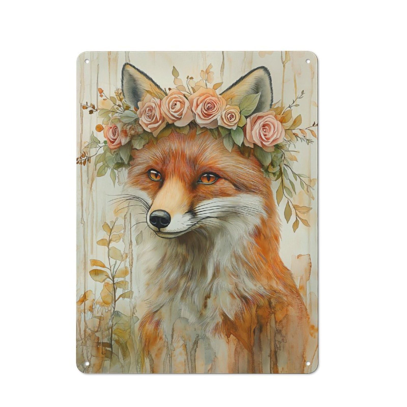 Junmoney Fox With Floral Crown Vintage Garden Room Metal Sign 40X30cm, Garden Room Wall Plaque For Patio Bar, Workshop, Shed Or Kitchen