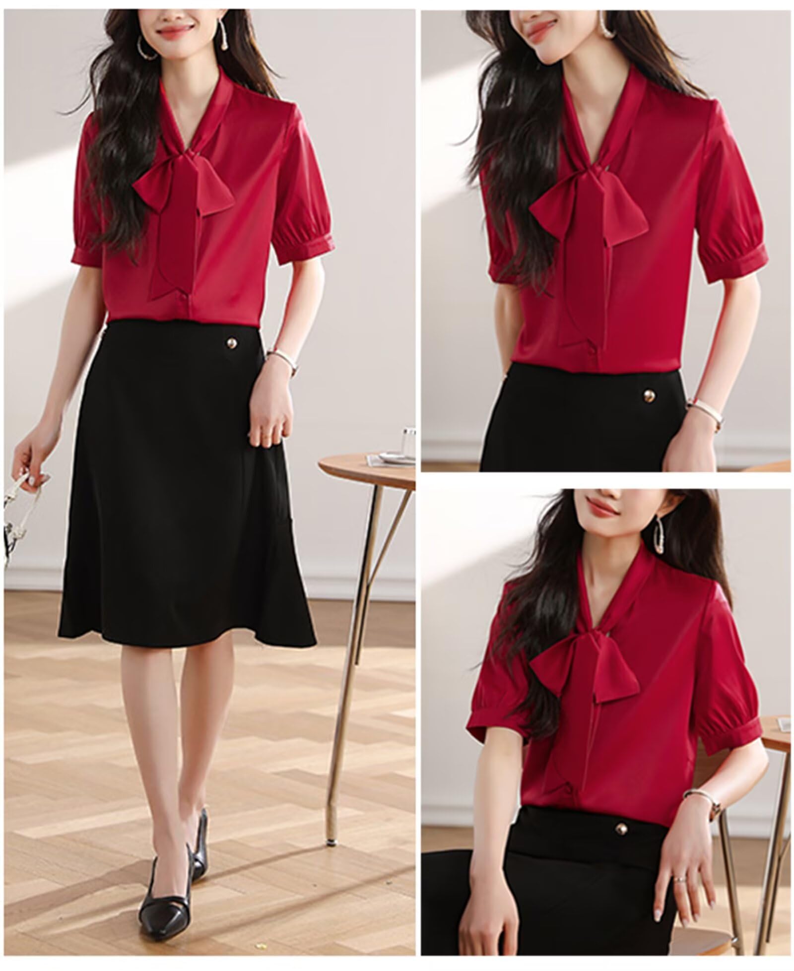 HNVAVQ Camicia Seta Donna con Fiocco Blusa Elegante Maniche Corte per Ufficio Lavoro