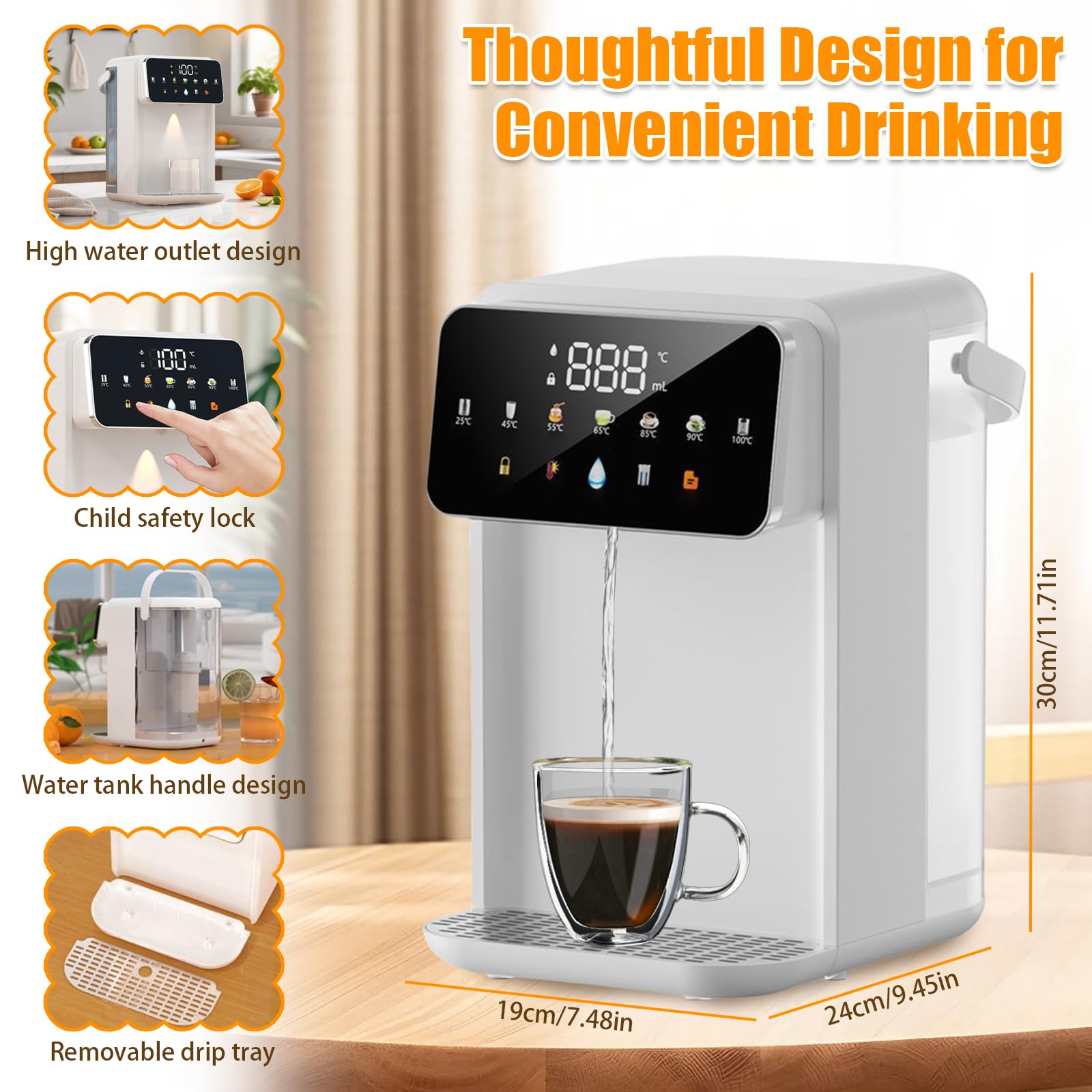 iFCOW Dispenser di Acqua Calda, 3 Secondi, scaldabagno istantaneo 7 Livelli di Temperatura 8 uscite d'Acqua con Serbatoio dell'Acqua da 3,5 l Volume Regolabile per Cucina e Ufficio Funzione
