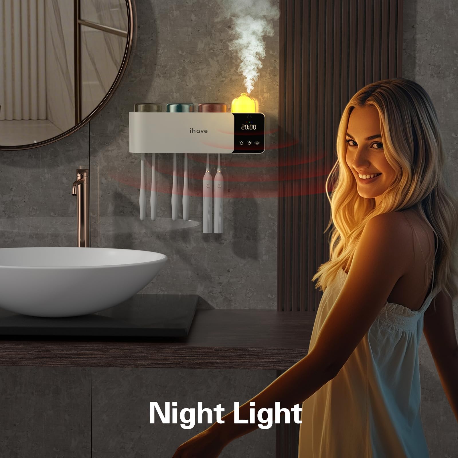 iHave Soporte para cepillos de dientes con desinfectante UV, difusor de aromaterapia y luz nocturna infrarroja, desinfección inteligente de crucero de 4 horas, secado combinado auxiliar, organizador