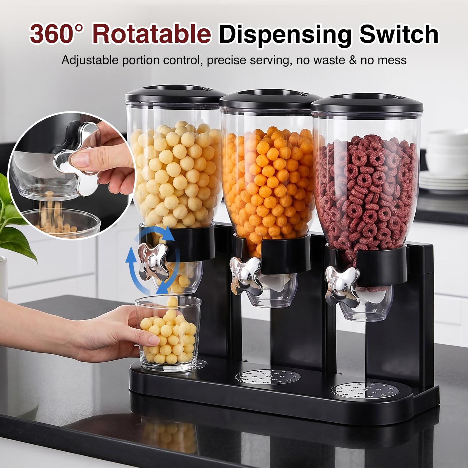 Cereal Dispenser Countertop 2L, Dreifacher Müslispender, Luftdichte Vorratsdosen mit Drehverschluss, Transparente Trockenkost-Spender Behälter für Müsli, Reis, Süßigkeiten, Kaffebohnen, Schwarz