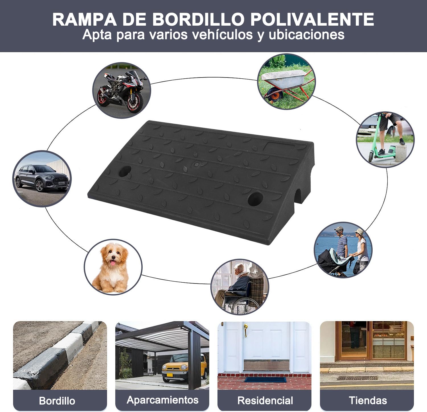 Rampa per marciapiede in gomma, alta 100 mm, 430x230x100 mm, nera – per sedie a rotelle, auto ribassate e motociclette (4 pezzi)