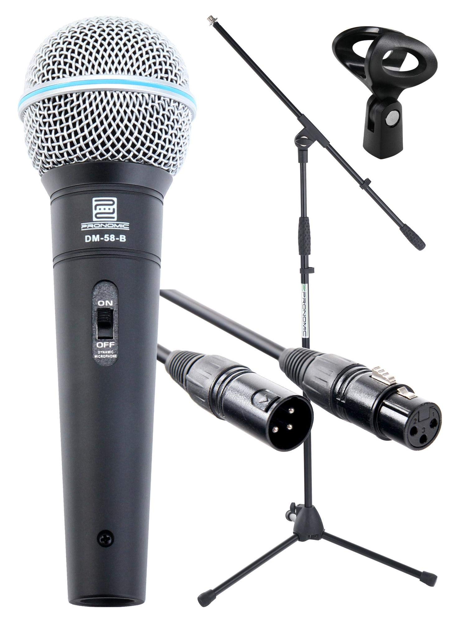 Pronomic Superstar Set de Micrófono (Set Completo, micrófono dinámico para Voz, Soporte de Brazo, Cable XLR de 5m, Pinza para micrófono) Negro