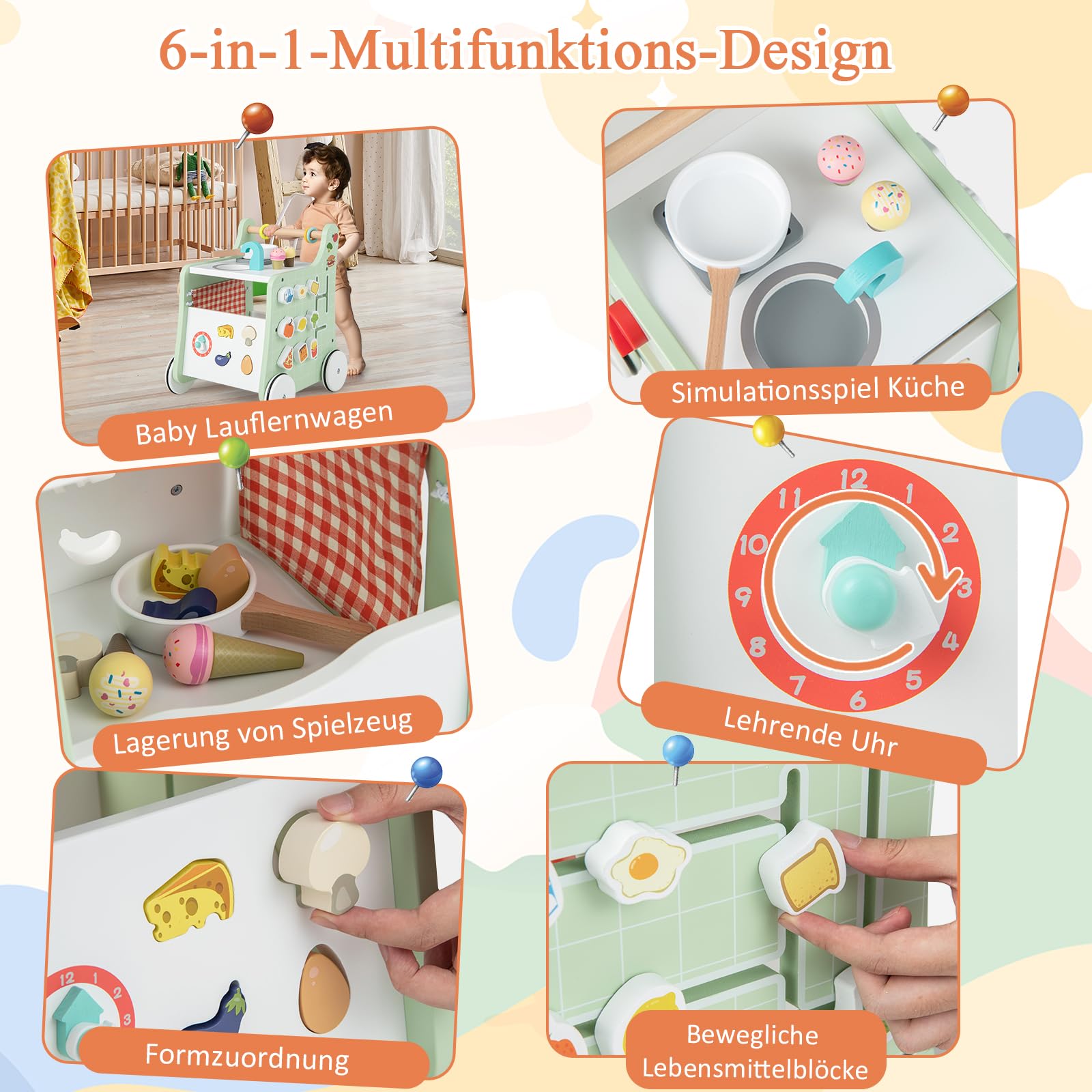 DREAMADE Lauflernwagen Holz, 6-in-1 hölzerne Lauflernhilfe, Baby Walker mit Blöcken & 9 Teilen Zubehör, Lernlaufwagen & Aktivitätszentrum, Kinderküche-Spielzeug für Kleinkinder ab 1 Jahren (Grün)
