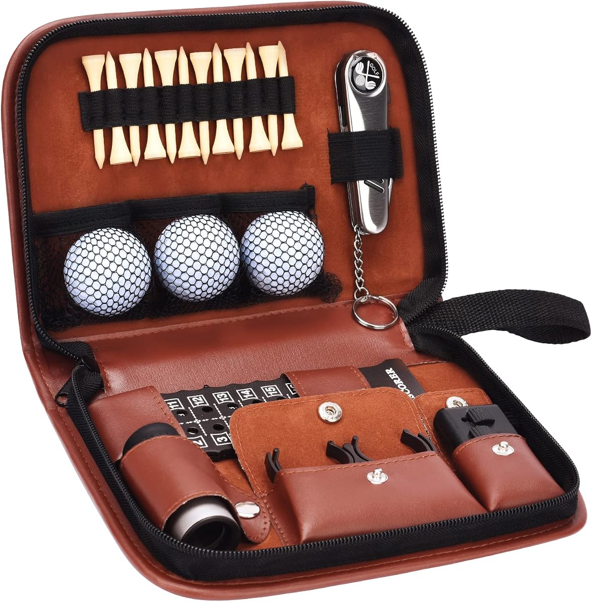 Regalos de golf para hombres y mujeres, juego de accesorios de golf con estuche de alta gama, pelotas de golf, telémetro, tees de golf, cepillo, cuchillo multifuncional, anotador, abrazadera para pelotas de golf
