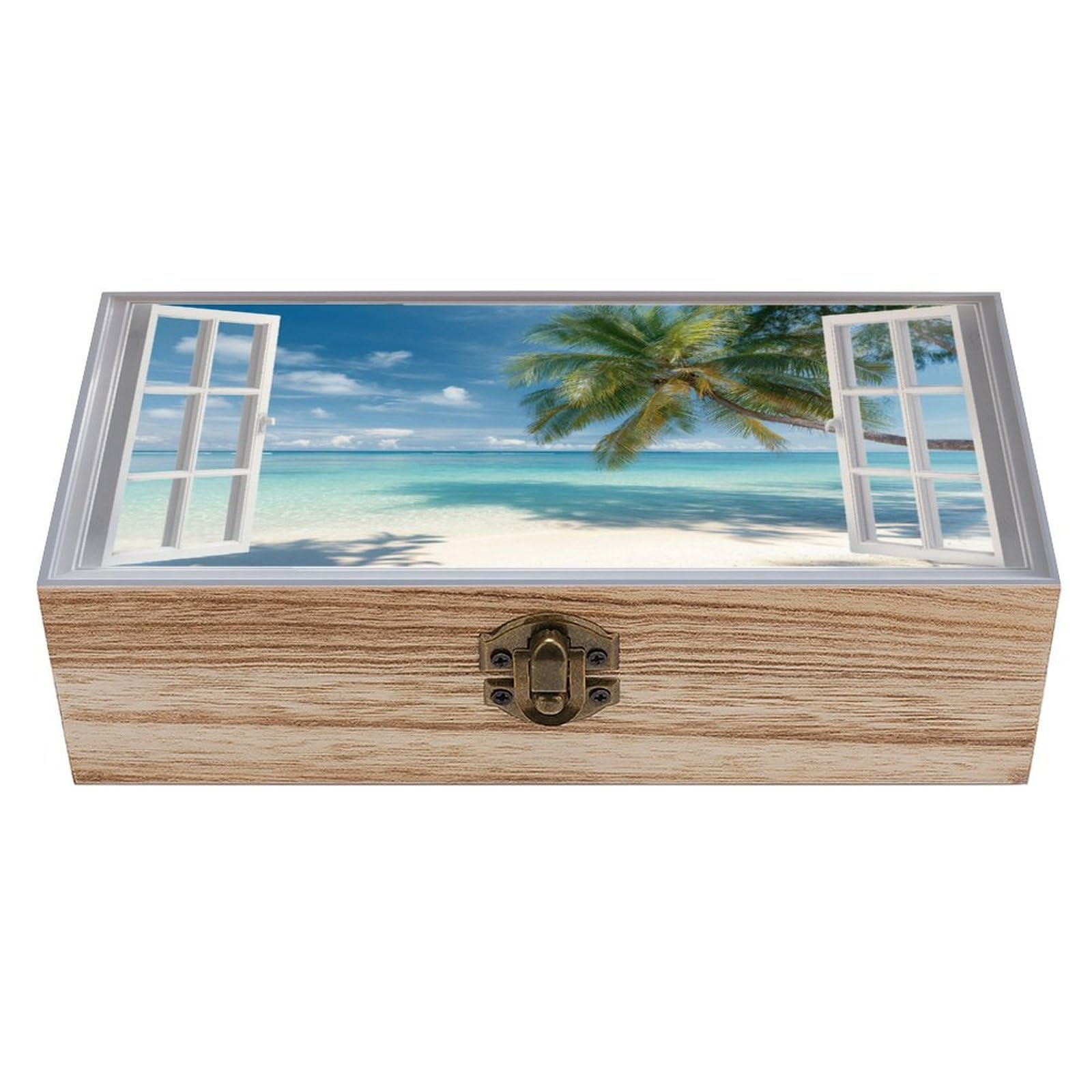 Ahdyr Palm Tree And White Sand Beach Wooden Storage Box with Hinged Lid And Front Clasp Large Keepsake Box